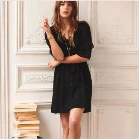 Sezane Josephine Silk Black Dress Ruffle Solid Gold Button Waist Tie 42 10 - Picture 1 of 7